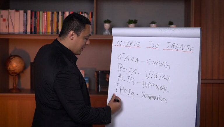 Professor escrevendo no flip chart os níveis de transe: gama, beta, alfa e theta