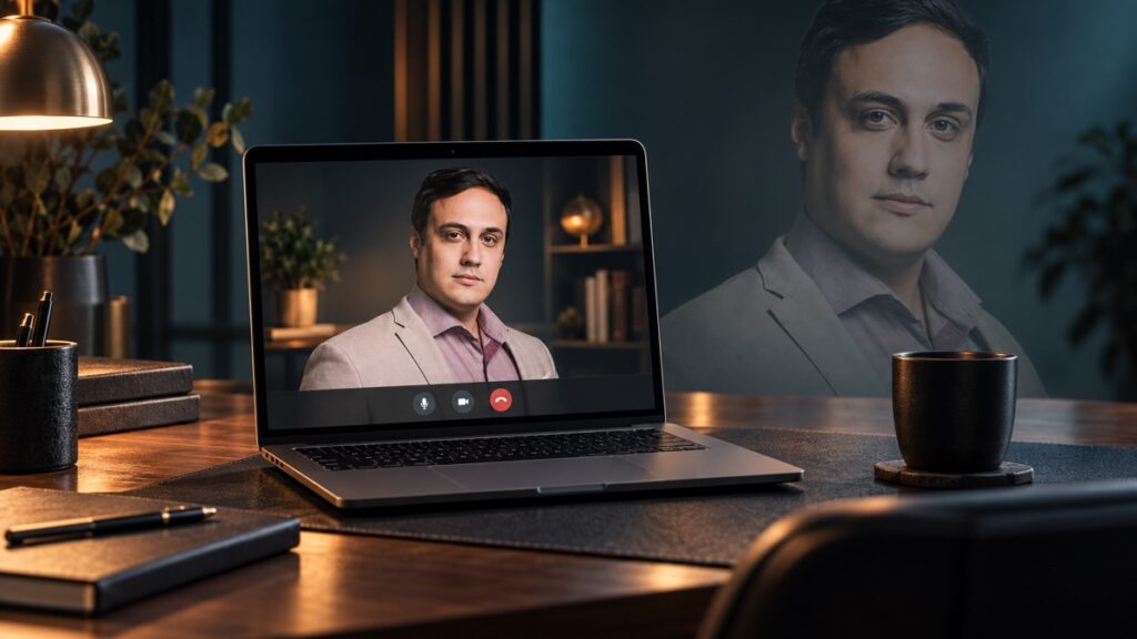 Composição editorial sobre hipnoterapia online: Lucas Naves na tela de um notebook e em retrato translúcido sobre um ambiente de trabalho.