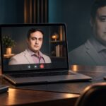 Composição editorial sobre hipnoterapia online: Lucas Naves na tela de um notebook e em retrato translúcido sobre um ambiente de trabalho.
