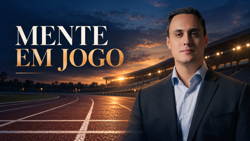 Lucas Naves diante de uma pista de atletismo vazia ao entardecer, com a frase Mente em jogo.