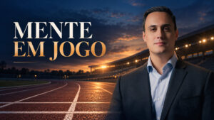 Lucas Naves diante de uma pista de atletismo vazia ao entardecer, com a frase Mente em jogo.