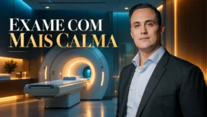 Composição editorial com retrato de Lucas Naves e aparelho de ressonância magnética vazio, com a frase Exame com mais calma.