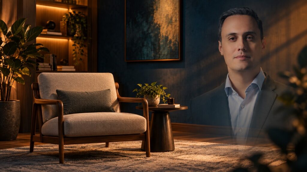 Capa editorial ilustrativa sobre a primeira sessão de hipnoterapia, com poltrona vazia e retrato translúcido de Lucas Naves.