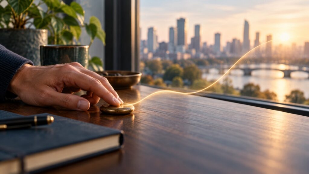Mão toca pequeno objeto de bronze sobre uma mesa, com uma linha de luz seguindo em direção à cidade ao amanhecer.