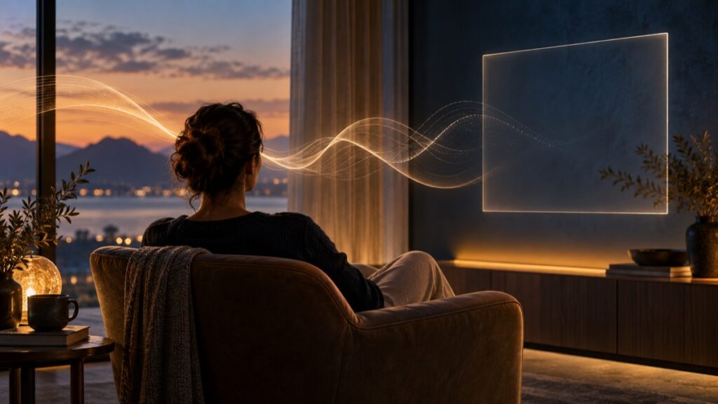 Pessoa vista de costas em uma poltrona, ouvindo com atenção; ondas luminosas atravessam um ambiente ao entardecer.